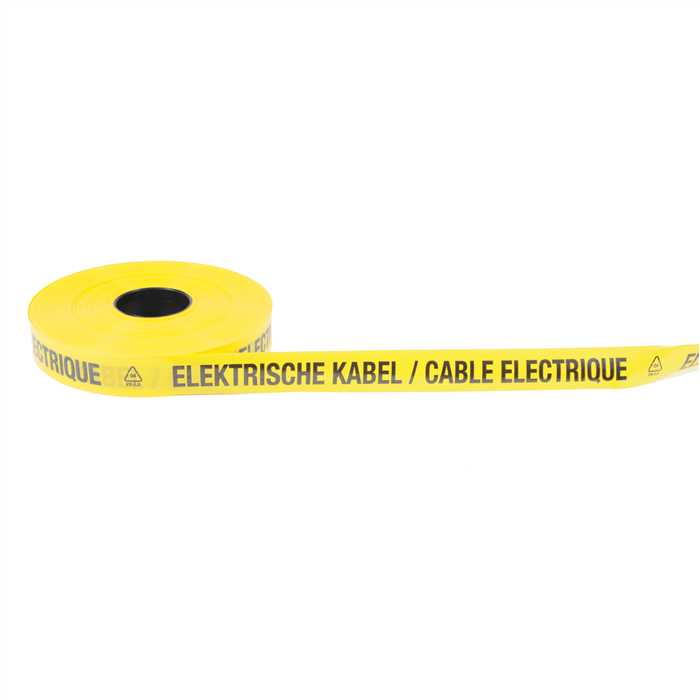 Ruban avertisseur souterrain en PE - Ruban couleur jaune – texte noir
texte : ELEKTRISCHE KABEL/CABLE ELECTRIQUE
Dimensions : longueur 250m - Largeur 40 mm – épaisseur 0,15 mm