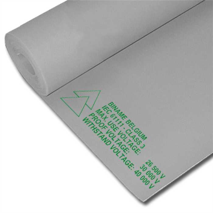 Tapis isolant – Classe 3 – couleur gris. Tension de travail max recommandé : 26,500 V AC. Antidérapant sur les 2 faces (surface gaufré). Marquage en surface. Dimensions : 1mx1mx3mm. Conforme IEC61111