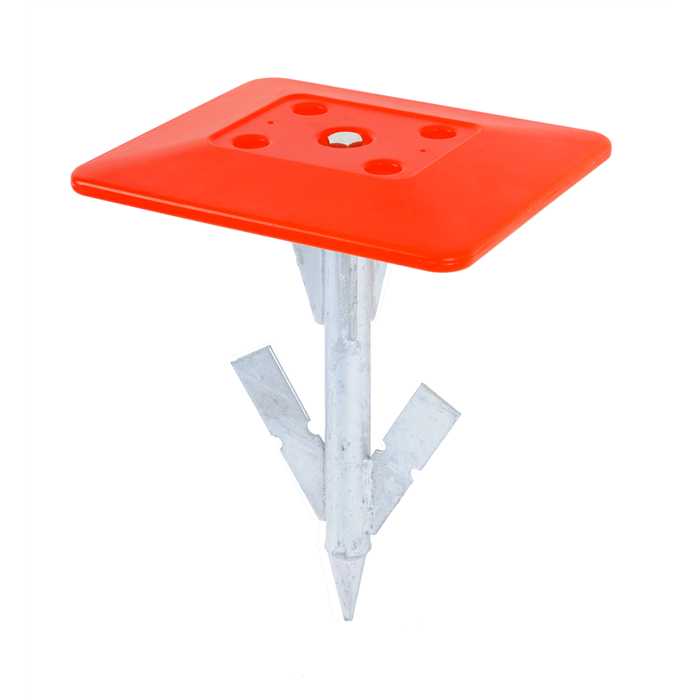 Rood markeringpaaltje - ankering 2 vleugels in gegalvaniseerd staal
Afmetigen tegel 250x215mm - dikte +- 10/30mm