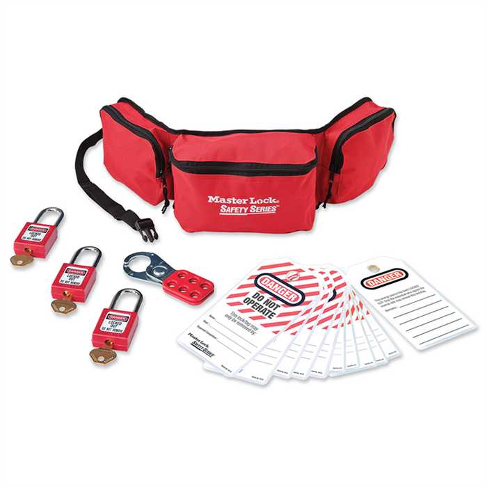 Pochette personnelle de consignation 1456 incluant :
3x Cadenas Zenex™ rouge, s'entrouvrant n° 410
1x moraillon de consignation 420
1x sachet de 12 étiquettes "Danger" 497A
