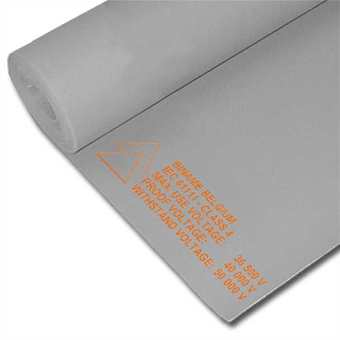 Tapis isolant – Classe 4 – couleur gris
Tension de travail max recommandé : 36,000 Volt AC. 
Antidérapant sur les 2 faces (surface gaufré). Marquage en surface. Dimensions : 0,6mx1mx4mm. - Conforme IEC61111