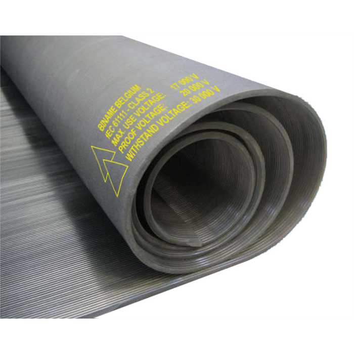 Tapis isolant – Classe 2 – couleur gris. 
Tension de travail max recommandé : 17,000 Volt  AC.
Surface strié fine – dessous surface gauffré. Marquage en dessous. Dimensions : 0,6mx1mx3mm. - Conforme IEC61111