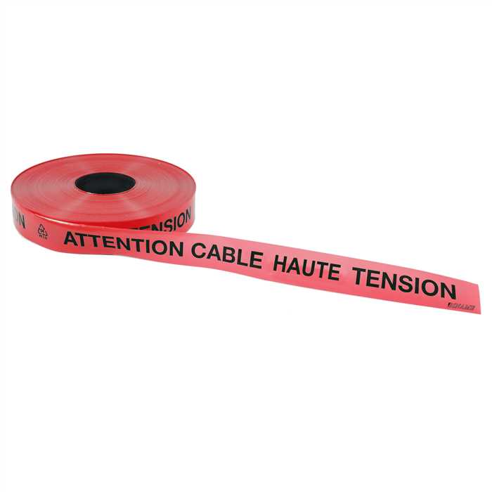 Ruban avertisseur souterrain en PE - Ruban couleur rouge – texte noir
texte : ATTENTION CABLE HAUTE TENSION
Dimensions : longueur 250m - Largeur 40 mm – épaisseur 0,15 mm