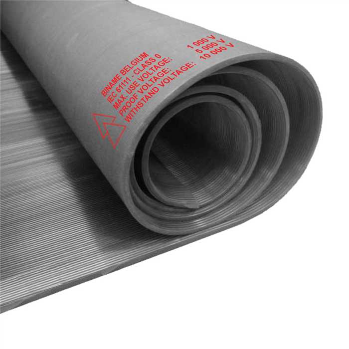 Isolerende rubberen mat – classe 0 – grijze kleur 
Aanbevolen max. Werkspanning : 1,000 Volt AC
Textuur mat : geribbeld boven – gedoekt onder. Markering onder. Afmeting rol : 1mx1mx3mm. Conform IEC61111