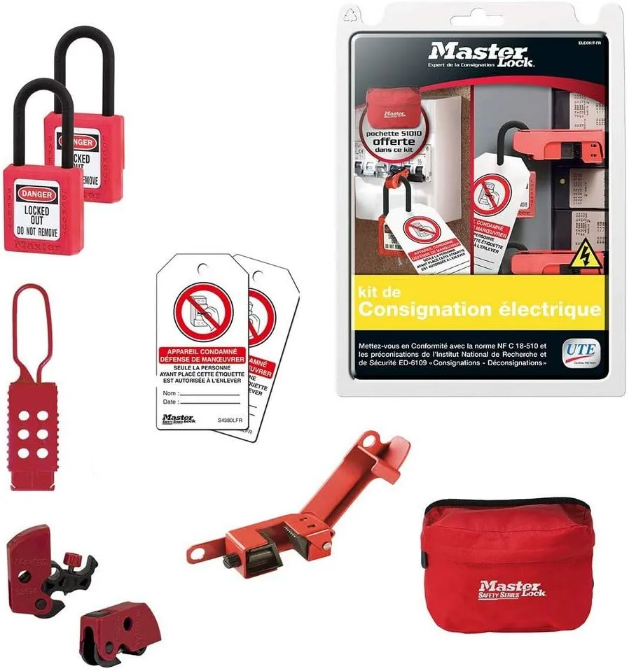 [ELECKIT-FR] Electrical Lockout Kit that includes:
S32KARED : Set of 2 keyed alike padlocks in Zenex™
S2394: 2 Mini circuit breaker lockout
491B: Grip Tight™ circuit breaker lockout for large size breaker toggles
S4268LEN : Tag “Warning Equipment has been loc