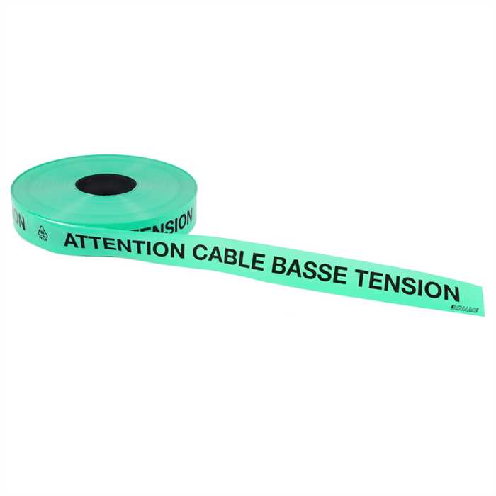 Ruban avertisseur souterrain en PE - Ruban couleur vert – texte noir
texte : ATTENTION CABLE BASSE TENSION
Dimensions : longueur 250m - Largeur 40 mm – épaisseur 0,15 mm