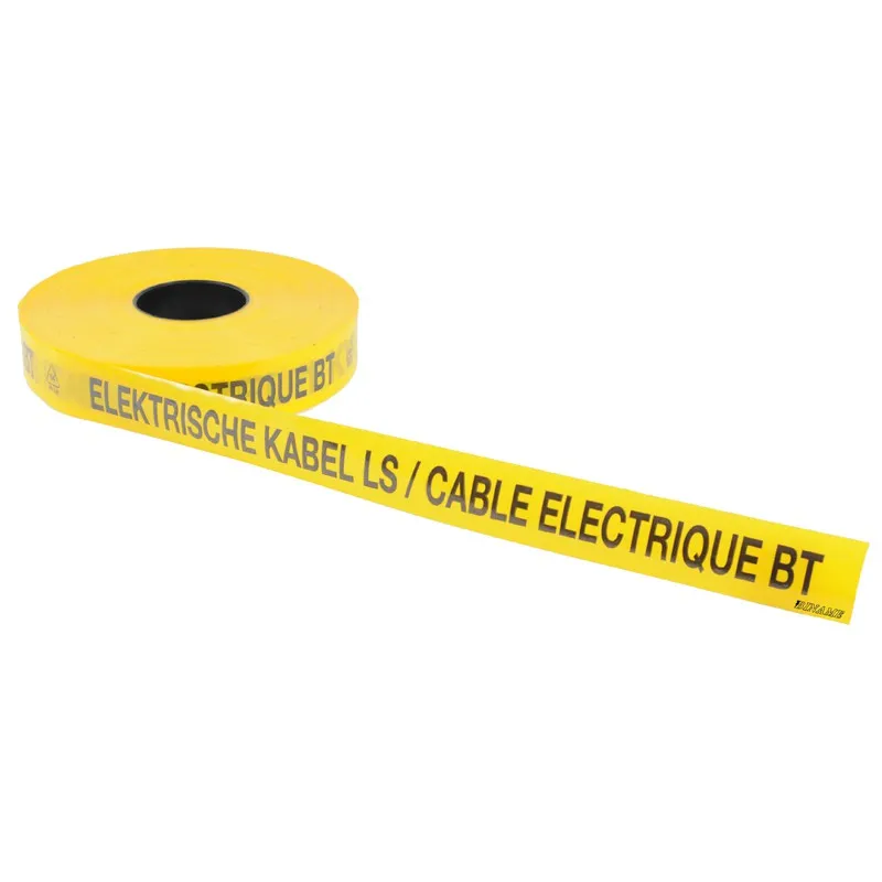 Ruban avertisseur souterrain en PE - Ruban couleur jaune – texte noir
texte : ELEKTRISCHE KABEL LS/CABLE ELECTRIQUE BT
Dimensions : longueur 250m - Largeur 40 mm – épaisseur 0,15 mm