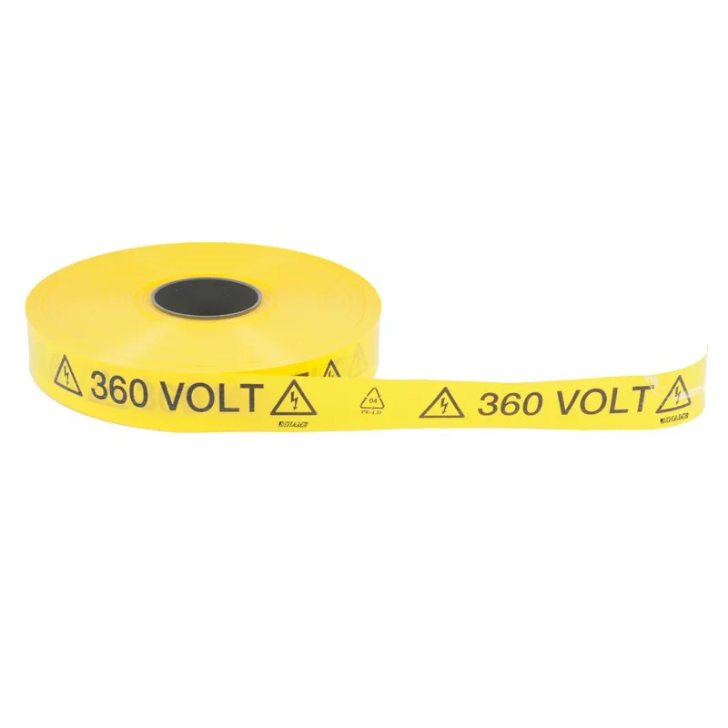 Ruban avertisseur souterrain en PE - Ruban couleur jaune – texte noir
texte : " éclair" 360 VOLT "éclair"
Dimensions : longueur 250m - Largeur 40 mm – épaisseur 0,15 mm