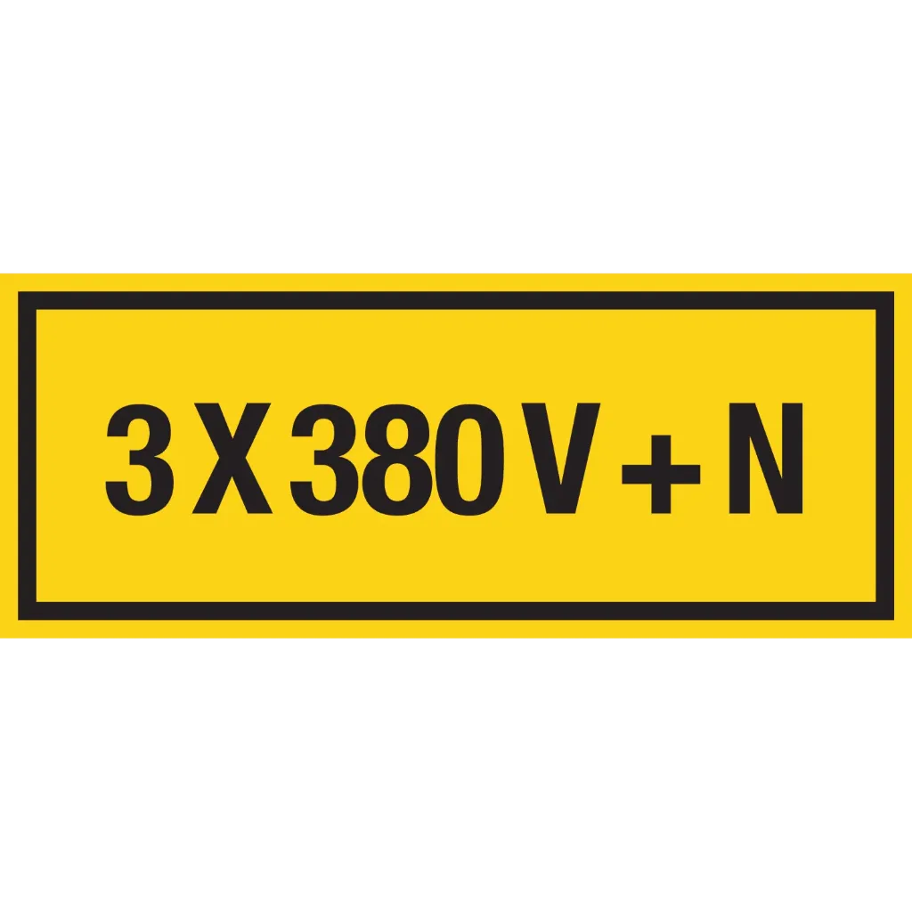 Autocollant dimensions 250x100mm
Couleur arrière plan : jaune - couleur texte : noir
Texte : 3x380V+N