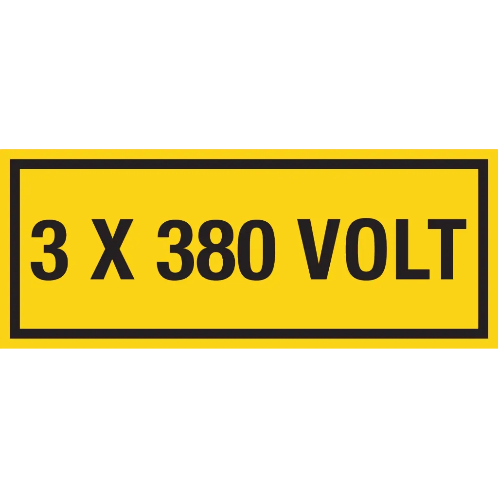 Zelfklever met afmeting 250x100mm
Gele achtergrond - zwarte tekst
Tekst : 3x380VOLT