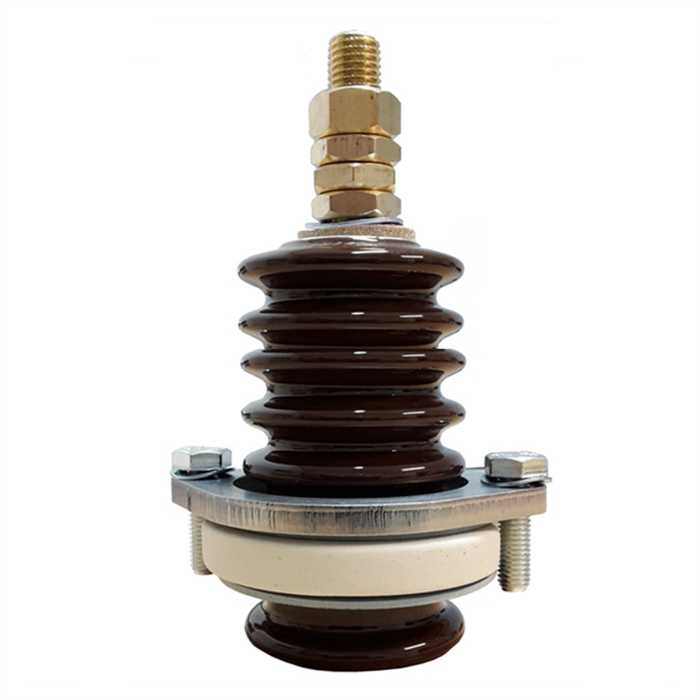 Porcelain bushing insulator for voltage feed-through terminal
Nominal voltage : 10 kV - 400 A
Total hight : 155 mm
Delivered complete with brass rod M16 and rings, and fixation