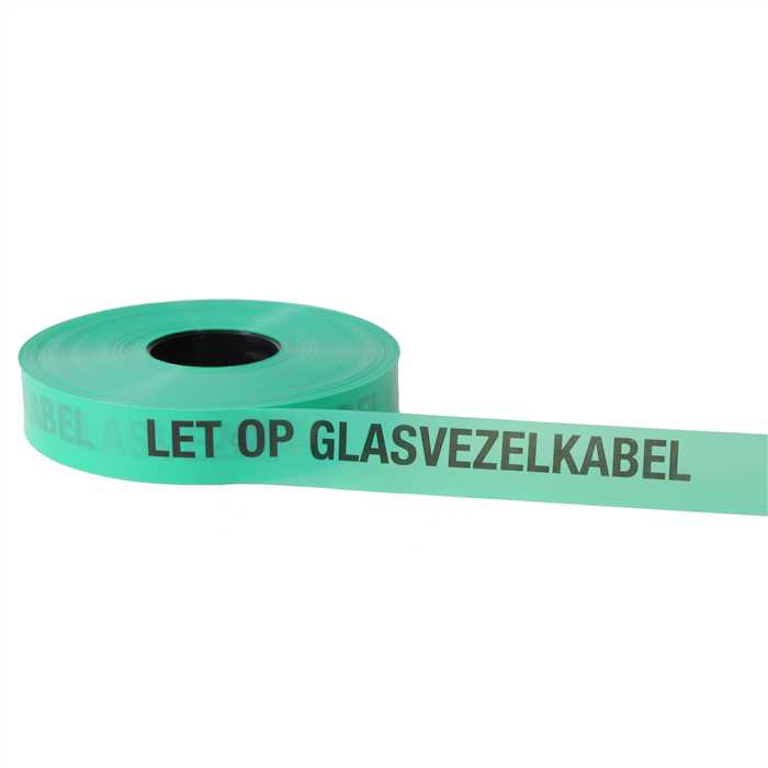 Ruban avertisseur souterrain en PE - Ruban couleur vert – texte noir
texte : LET OP GLASVEZELKABEL
Dimensions : longueur 250m - Largeur 40 mm – épaisseur 0,15 mm