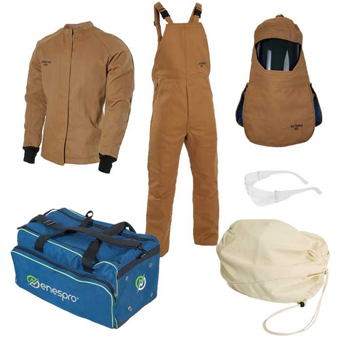Ensemble ARCFLASH - ATPV : 65 cal/cm² - Caramel - Veste - Côte à bretelles - coiffe avec écran - sac écran - sac transport.