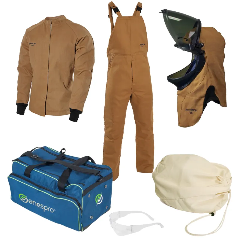 Ensemble ARCFLASH - ATPV : 65 cal/cm² - Caramel - Veste - Côte à bretelles - coiffe avec écran relevable - sac écran - sac transport.
