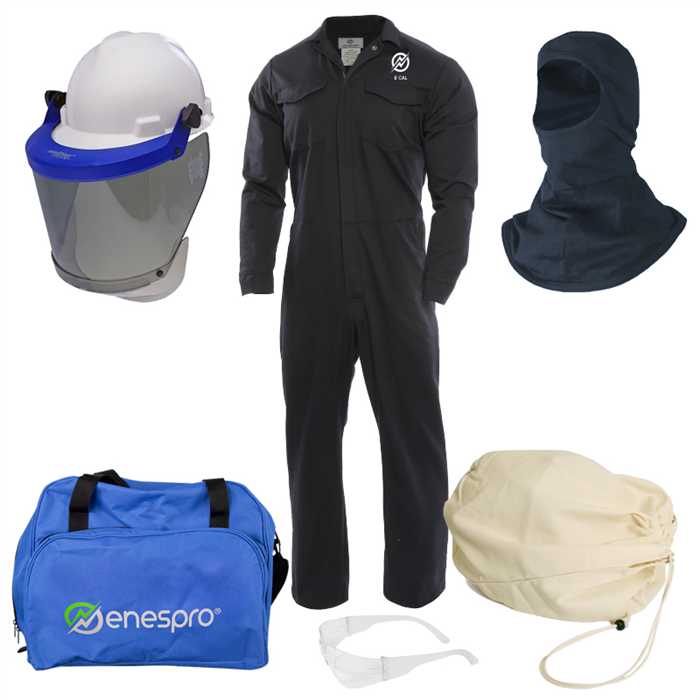 ARCFLASH KIT – ATPV 12 Cal/cm² – Donkerblauw Inclusief: Overall, Helm met vizier, Kap, Katoenen hoes, Tas