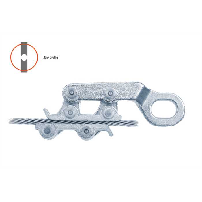 [SCAL-5,4-8,5-12801] Trekkabeklem voor kabel in aluminium, AAAC, AAC en kabels met kern in staal ASCR
Ø kabels 5,4-8,5 mm - sectie 25-35 mm²
Oog : Ø 22 mm (Section 25-35 mm² - Ø 5,4-8,5 mm - Work load 1000 kg - Break load 2000 kg)
